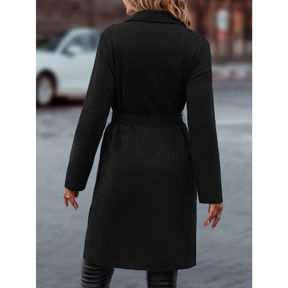 minimalist Lapel collar Open Front Belted pea coat peacoat - Picture 7 of 8